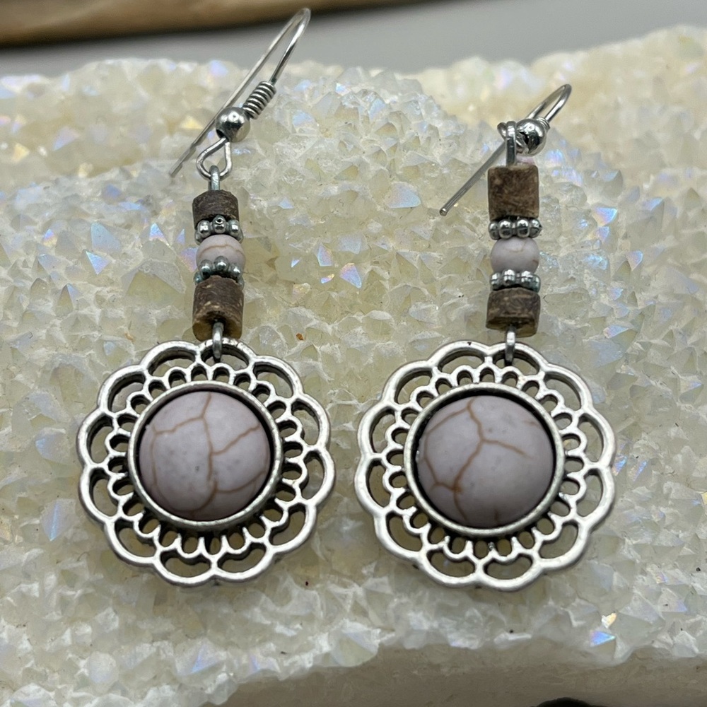 Elegant Silver Tone and Brown Howlite Dangle Earrings Boho Chic
